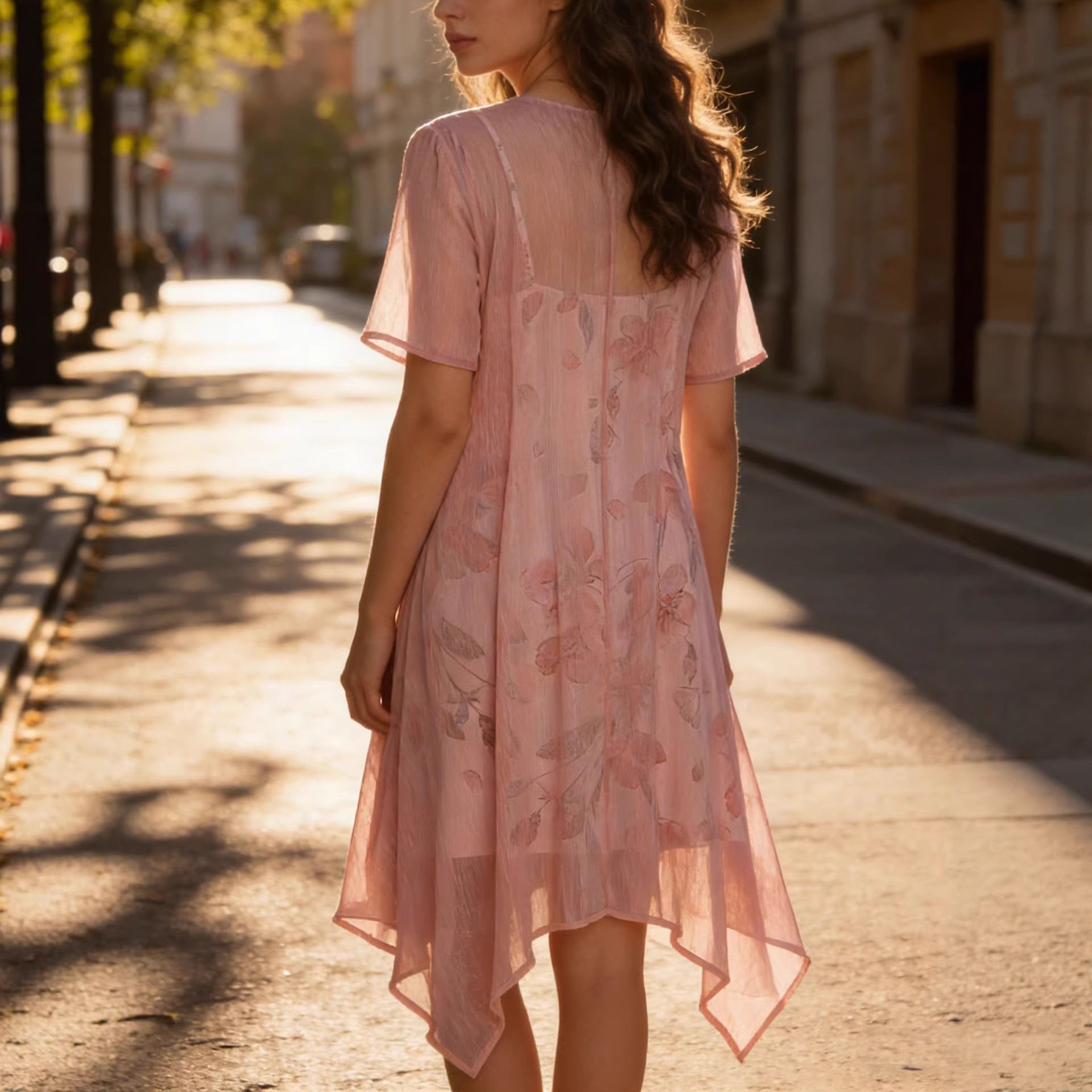 Elegant Two-piece Dress Set, Floral Print Camisole Dress And Short Sleeved Long Jacket