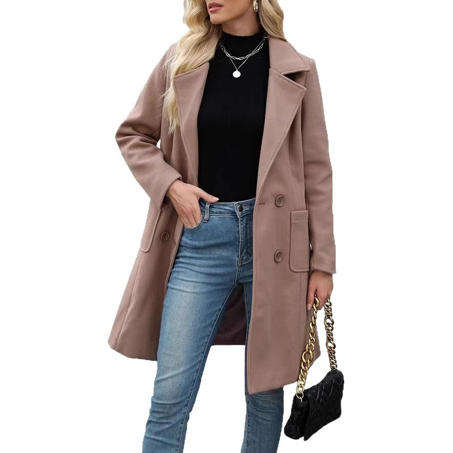 Korean Style Slim Mid-length Double Breasted Turn-down Collar Coat