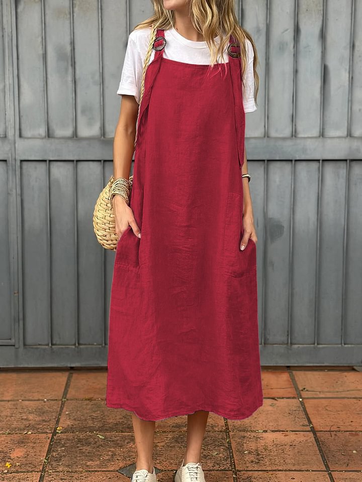 Adjustable Shoulder Strap Casual Cotton And Linen Dress