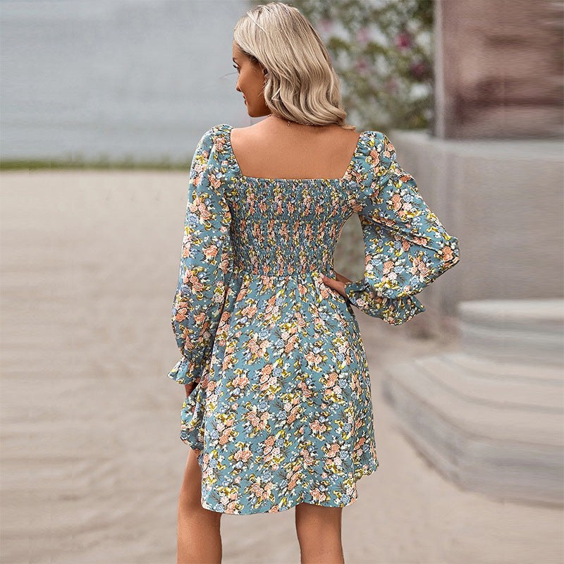 All-match Beach Print Square Collar High Waist Casual Dress