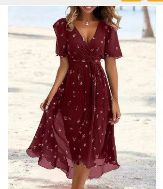 Flowers Printed V-neck Dress A-line Short-sleeved Dresses For Women