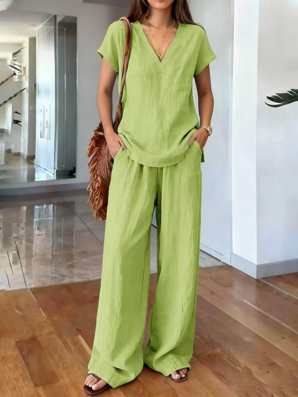 V-neck Short-sleeve T-shirt And Wide-leg Pants Womens Suit