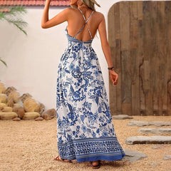 V-Neck Strappy Floral Print Backless Maxi Dress, A-Line Vacation Dress