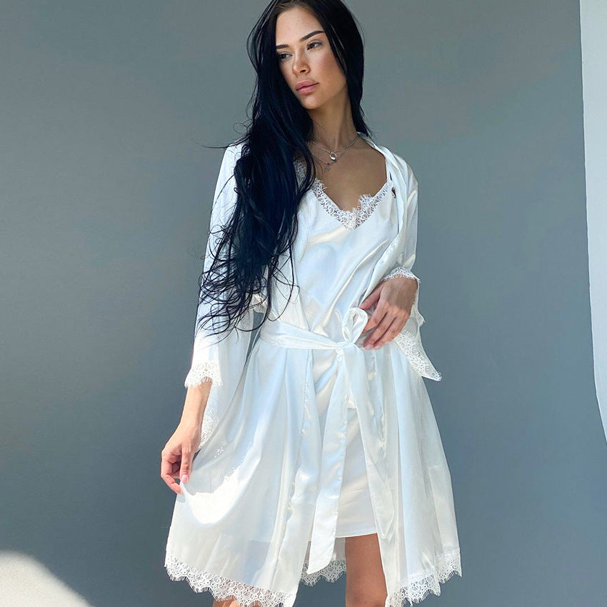 Comfortable Breathable Ice Silk Pajamas Cardigan Lace-up Nightdress Home Wear Two-piece Set
