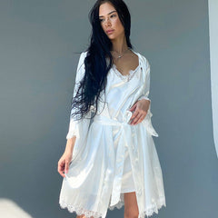 Comfortable Breathable Ice Silk Pajamas Cardigan Lace-up Nightdress Home Wear Two-piece Set