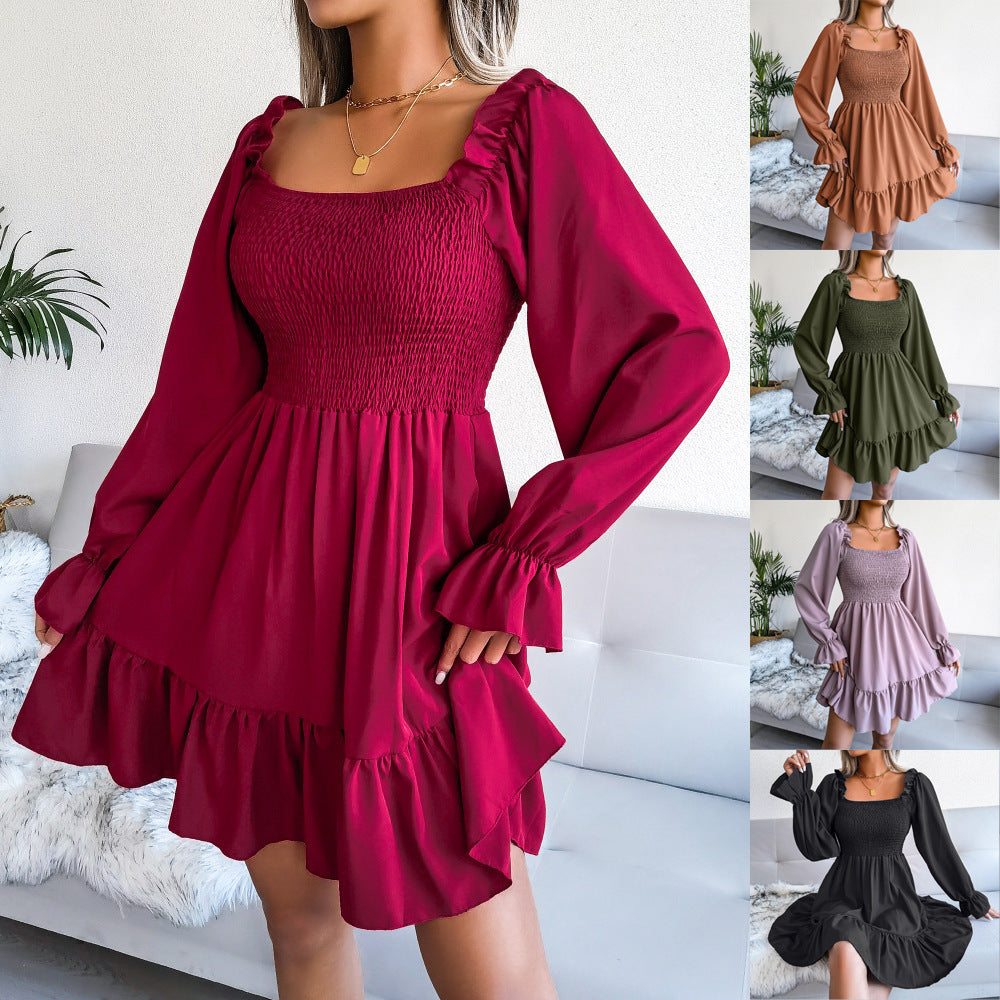 Flared Long Sleeve Dresses Square Neck Ruffled Swing Dress