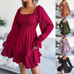 Flared Long Sleeve Dresses Square Neck Ruffled Swing Dress
