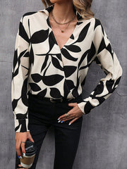 Printed V-Neck Long-Sleeve Loose Casual Top