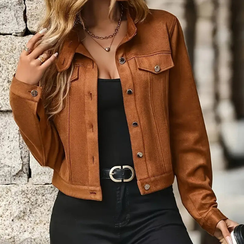 Faux Suede Cropped Jacket, Vintage Stand Collar Short Coat Casual Button Up Fall Outwear