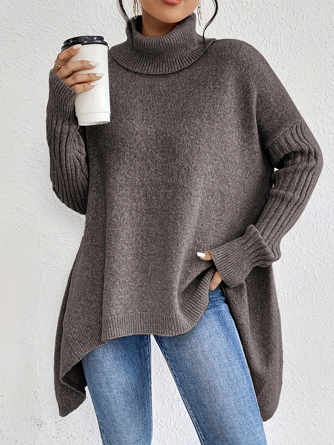 Irregular Turtleneck Sweater Loose Long Sleeve Knitted Tops Leisure Warm Pullover Sweater Clothing