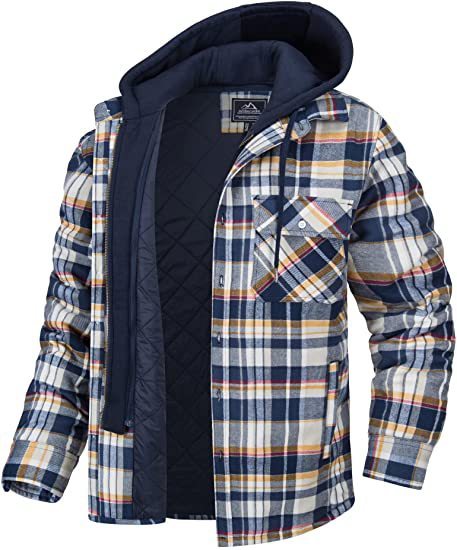 Men's Plaid Hooded Coat Warm Button Zip-up Jacket Casual Thick Padded Long Sleeves Outerwear Clothing
