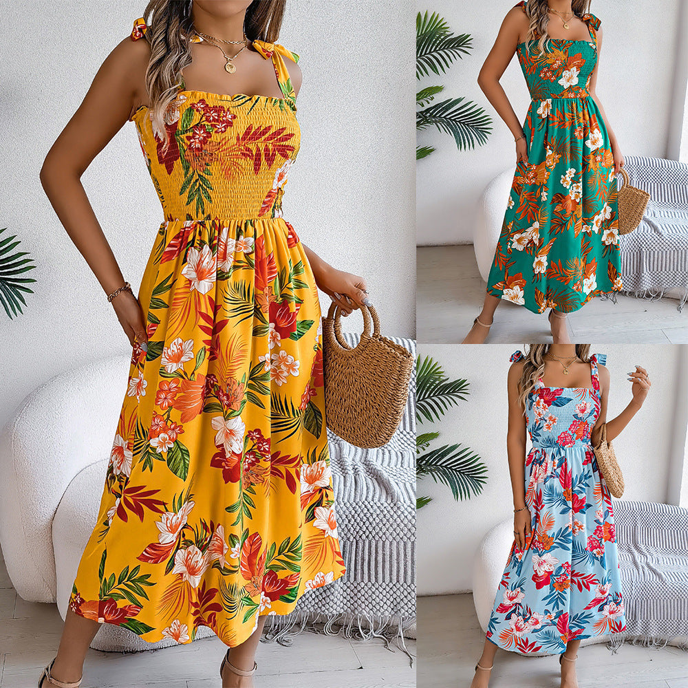 Flowers Print Suspender Corset Dress Ins Holiday Beach Long Dresses Clothing For Women
