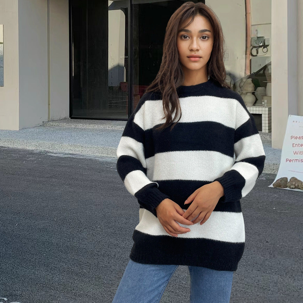 Round Neck Long Sleeve Knitted Black And White Stripes Contrast Color Wool Tops Women