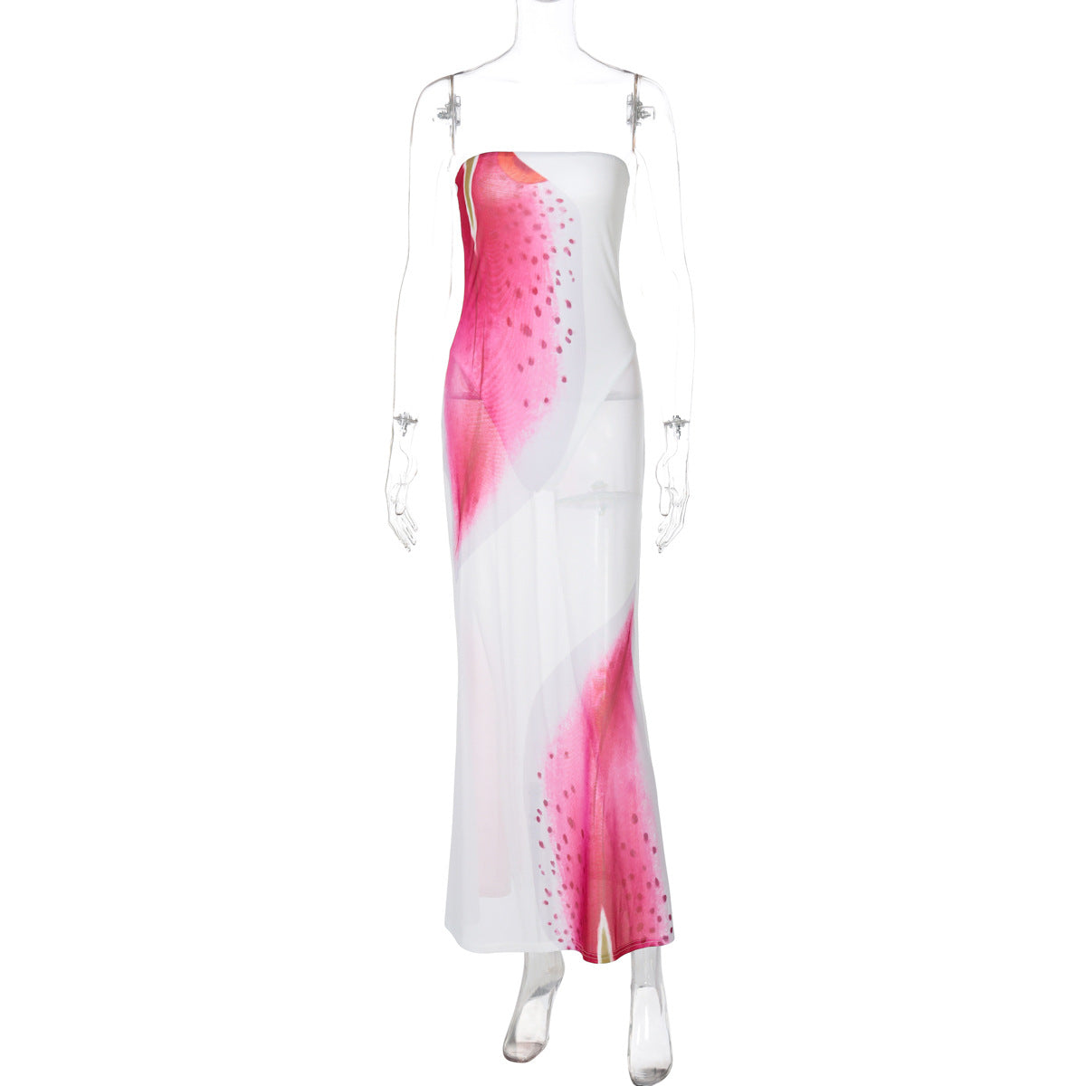 Floral Print Tube Top Slit Bodycon Mesh Dress For Women