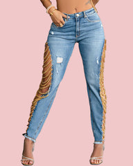 High Rise Destroyed Trendy Chain Raw Hem Lace Up Sides Zipper Button Denim Jeans