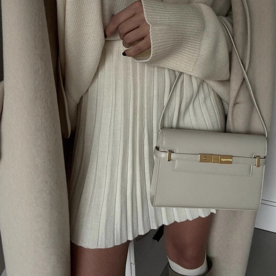 Solid Color Round Neck Sweater Pleated Skirt Suit Skirt