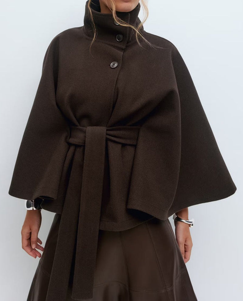 High Neck Batwing Sleeve Coat With Belt Loose Elegant Button Top Trench Coat For Clothing