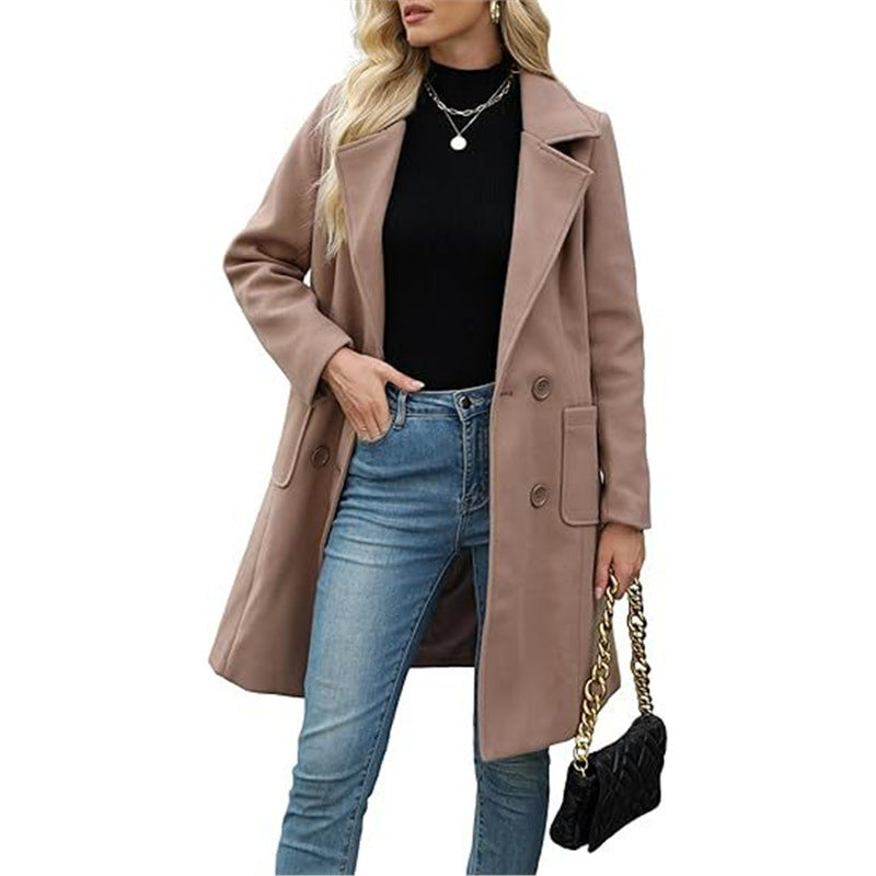 Korean Style Slim Mid-length Double Breasted Turn-down Collar Coat