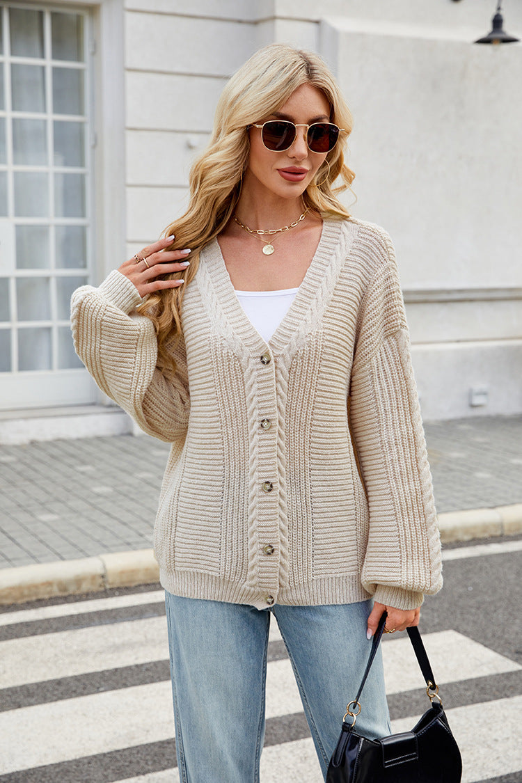 Loose Long-sleeved V-neck Twisted Knitted Sweater Coat