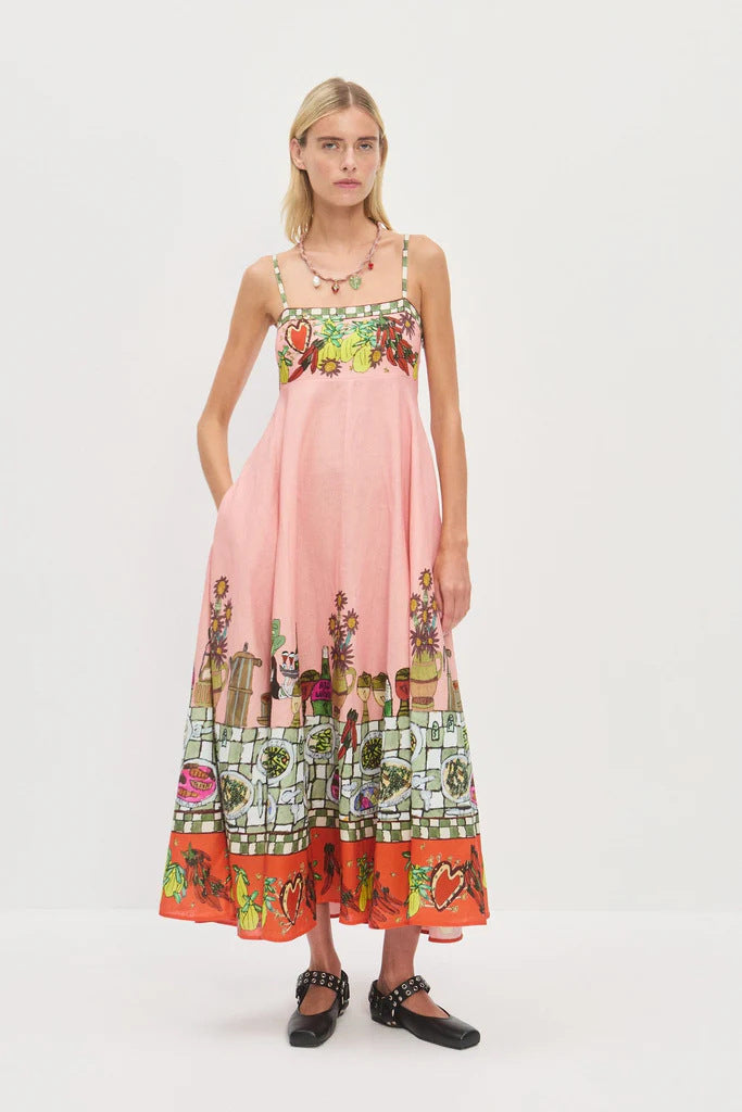 High-waisted Cotton-linen Printed Camisole Casual Dress
