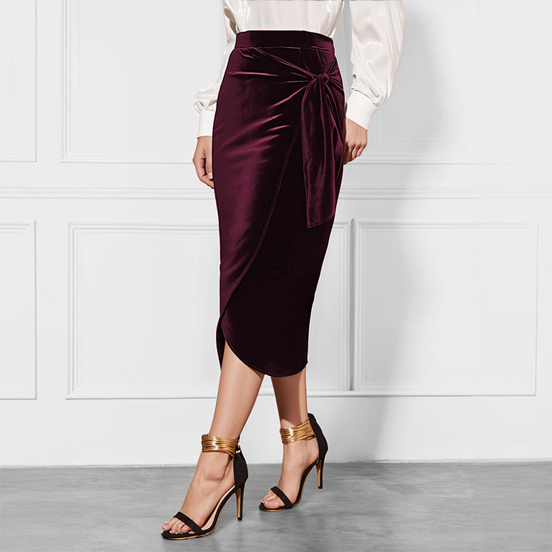 Solid Color Twisted Skirt Temperament Commute And Split Velvet Dress