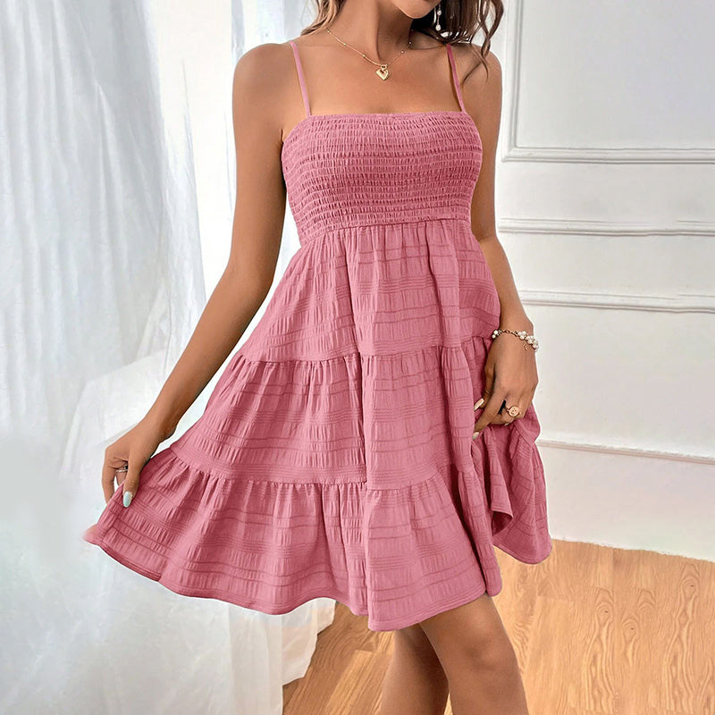Spaghetti Strap Sleeveless Smocked A-Line Swing Mini Dress, Elegant Casual Dress