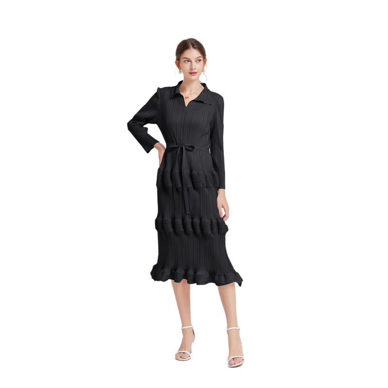 Dress Mid Waist Pleated Slim Fit Lantern Dress