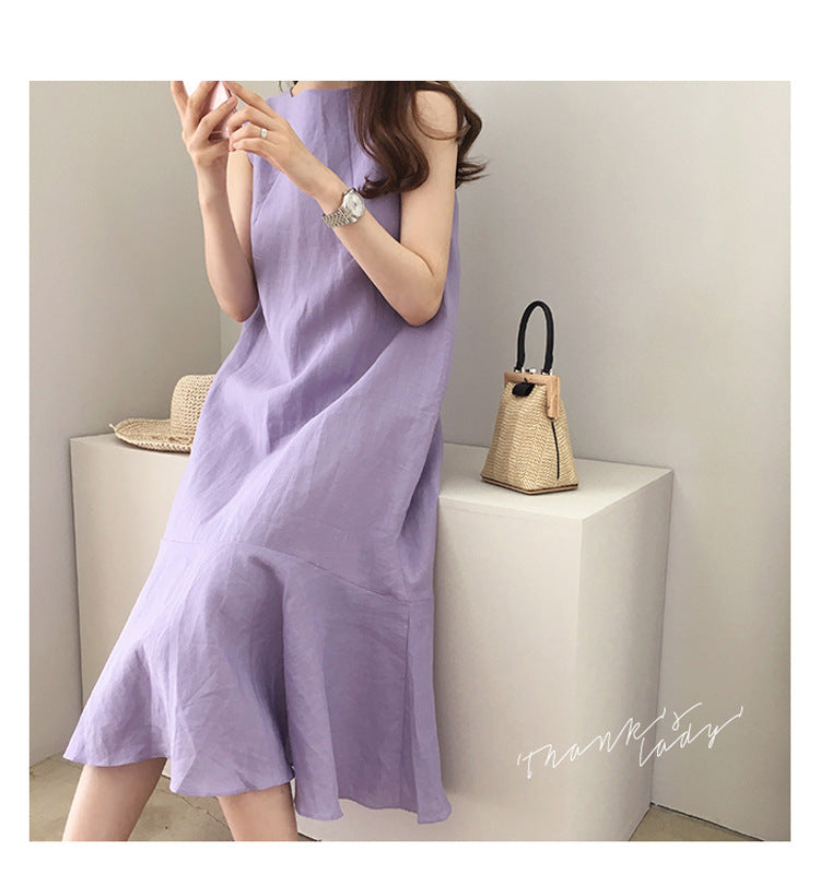Taro Purple Linen Dress Casual Sleeveless Loose Slimming Fishtail