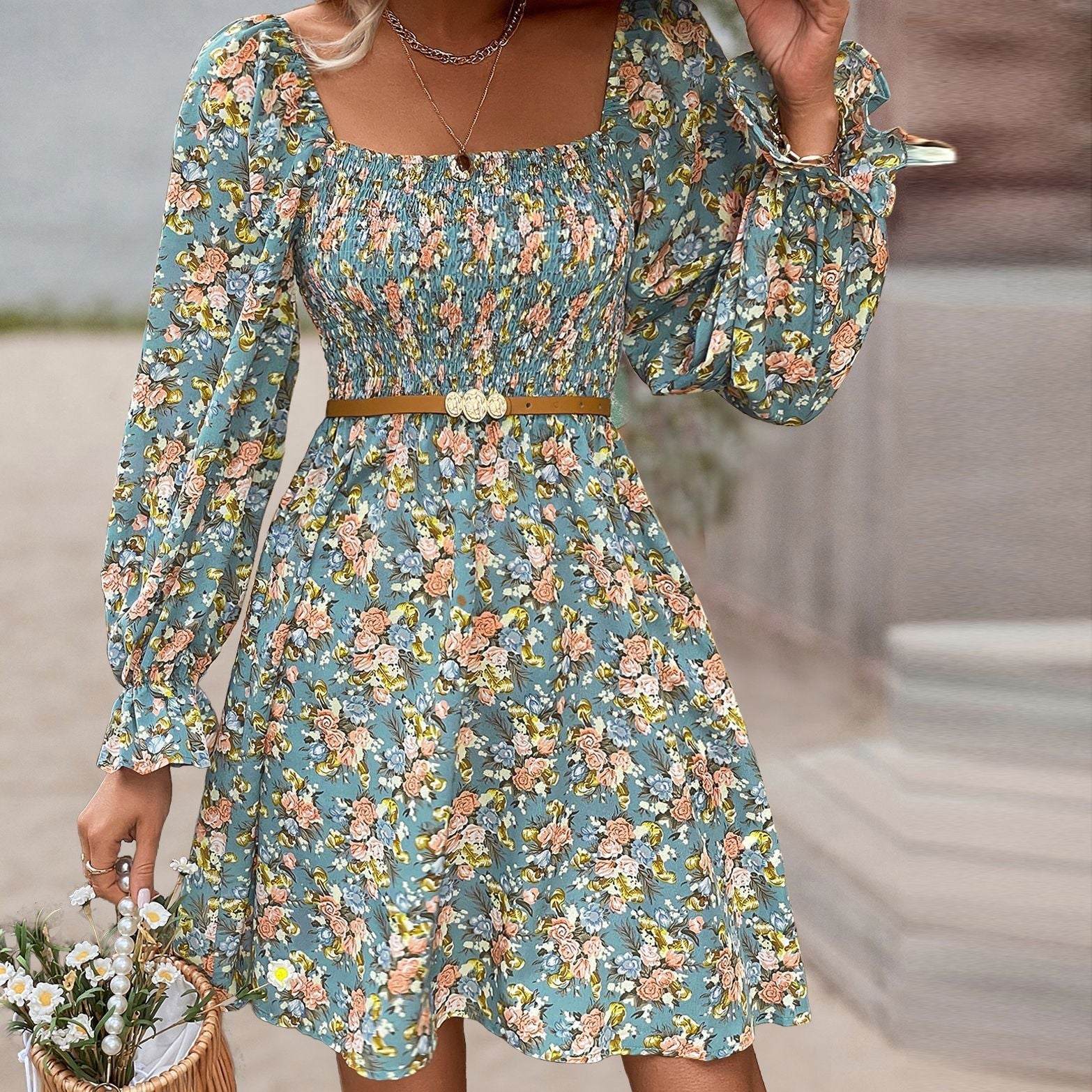 All-match Beach Print Square Collar High Waist Casual Dress