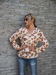 Leopard Print V-neck T-shirt Loose Long Sleeve Tops For Clothing