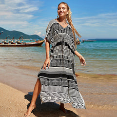 Woman Cotton Black And White Line Seaside Vacation Coat Blouse Sunscreen