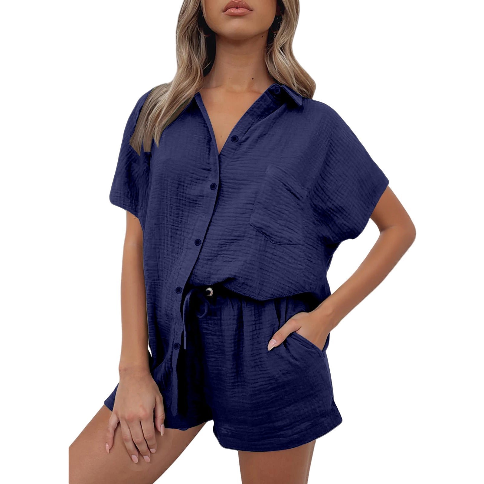 Casual Cotton And Linen Shirt And Shorts Set Womens Clothing