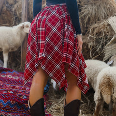 Irregular Hem Black And Red Plaid Punk Style Skirt