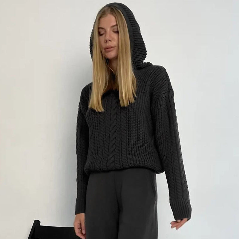 Hooded Long-sleeved Knitted Sweater