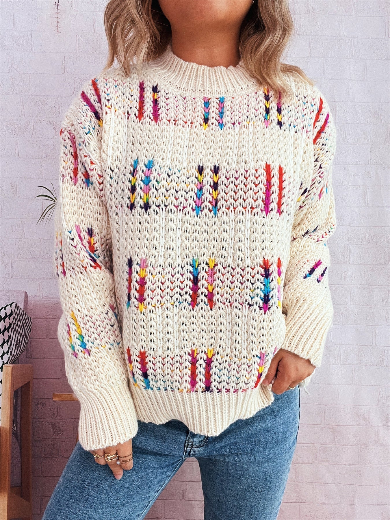 Contrast Color Cute Style Knitted Pullover Sweater For Women