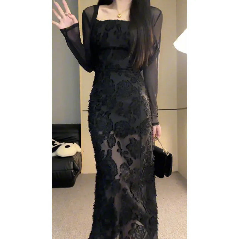Elegant Black Lace Sling Dress