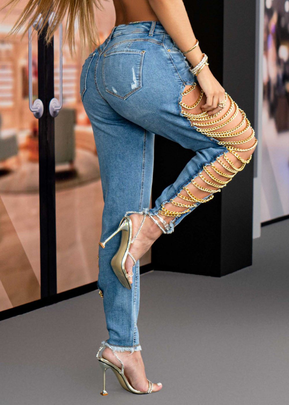 High Rise Destroyed Trendy Chain Raw Hem Lace Up Sides Zipper Button Denim Jeans