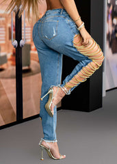 High Rise Destroyed Trendy Chain Raw Hem Lace Up Sides Zipper Button Denim Jeans