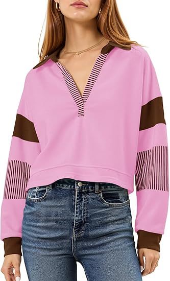 Fisoew Long Sleeve Crop Tops Polo V Neck Color Block Casual Loose Pullover Cropped Sweatshirt