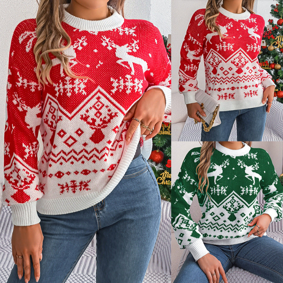 Casual Deer Pattern Long Sleeve Hoodie Sweater Christmas For Red Green Knitted Pullover Jumper