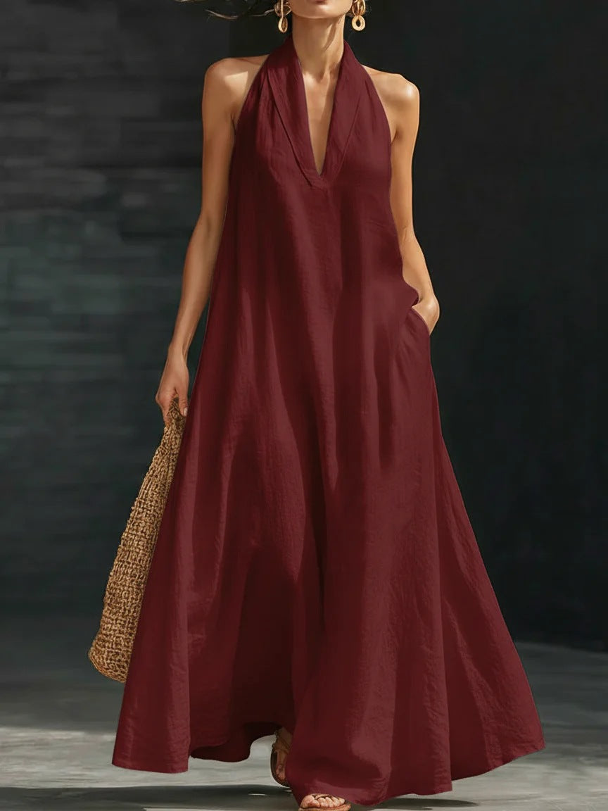 Casual Solid Color V-Neck Dress