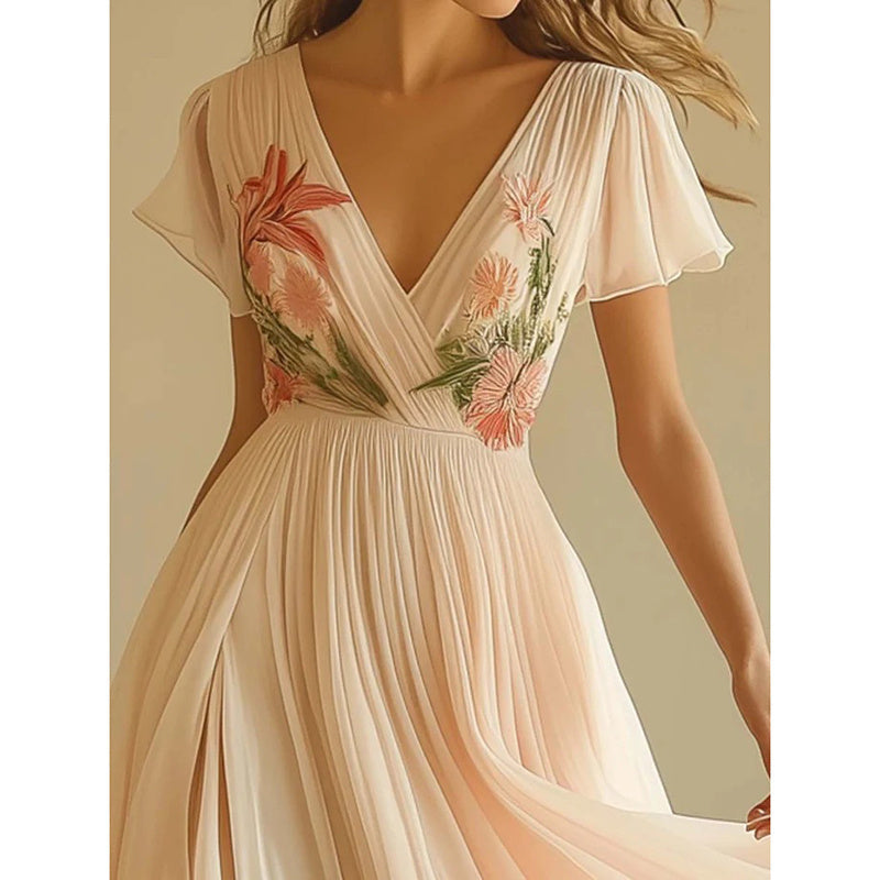 Floral Print V Neck Pleated Chiffon Dress Flutter Short Sleeve Maxi Flowy Beach Wedding Guest Dresses