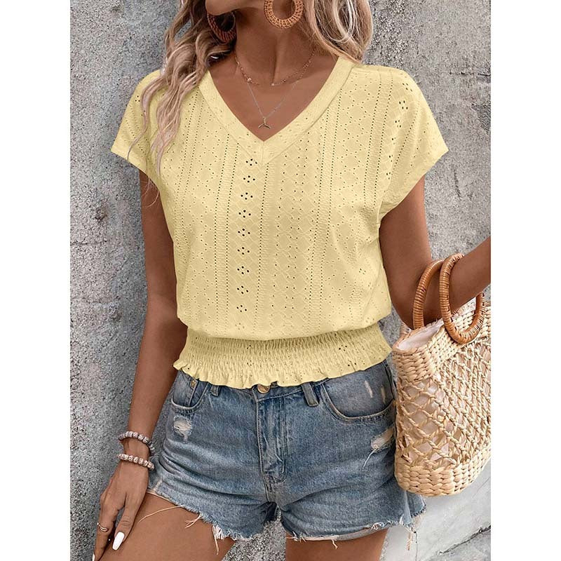 Eyelet Top Casual V Neck Short Sleeve Smocked Shirts Loose Tunic Tops Blouses