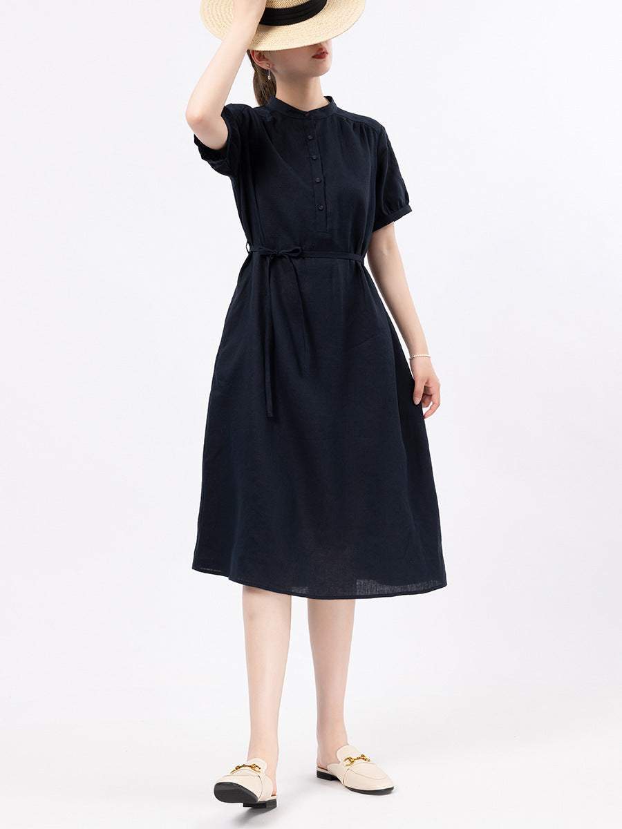 Short Sleeve Linen Dress Loose Casual Lace Up Midi Skirt
