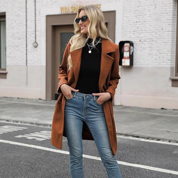 Korean Style Slim Mid-length Double Breasted Turn-down Collar Coat