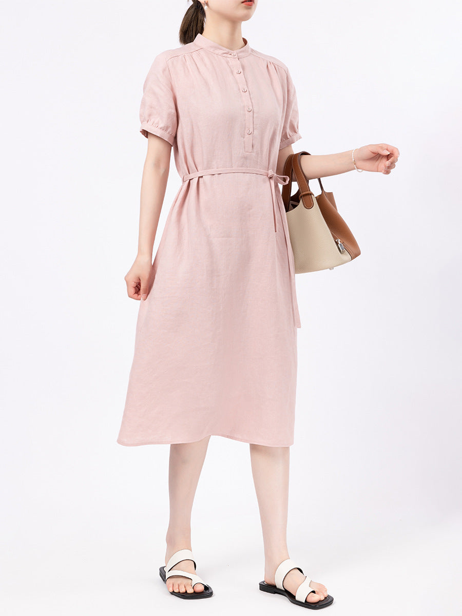 Short Sleeve Linen Dress Loose Casual Lace Up Midi Skirt