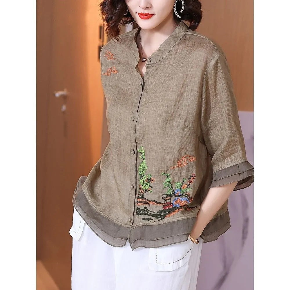 Vintage Cotton Linen Embroidered T-shirt