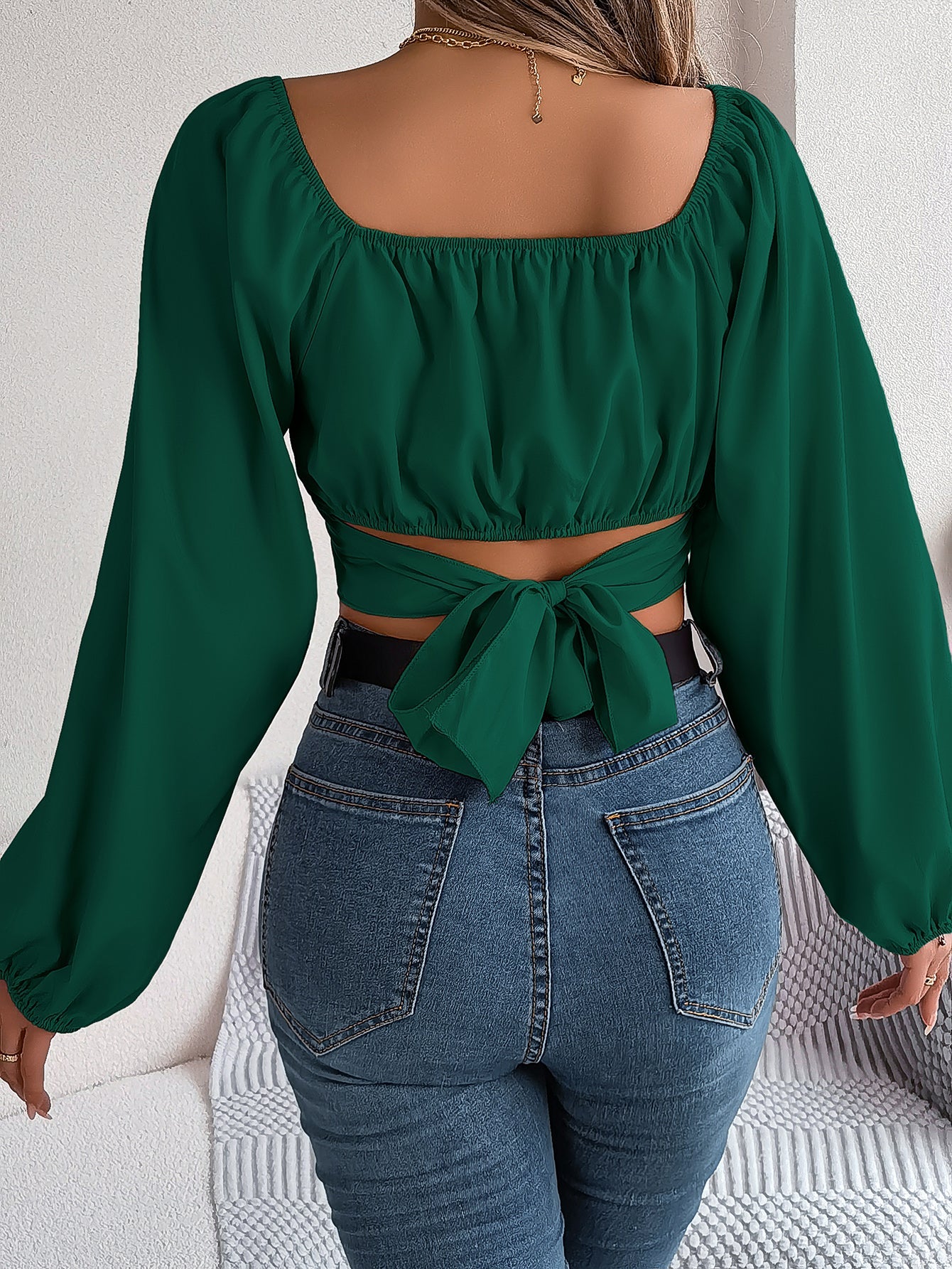 Casual Lantern Sleeve Tie Waist Chiffon Crop Top