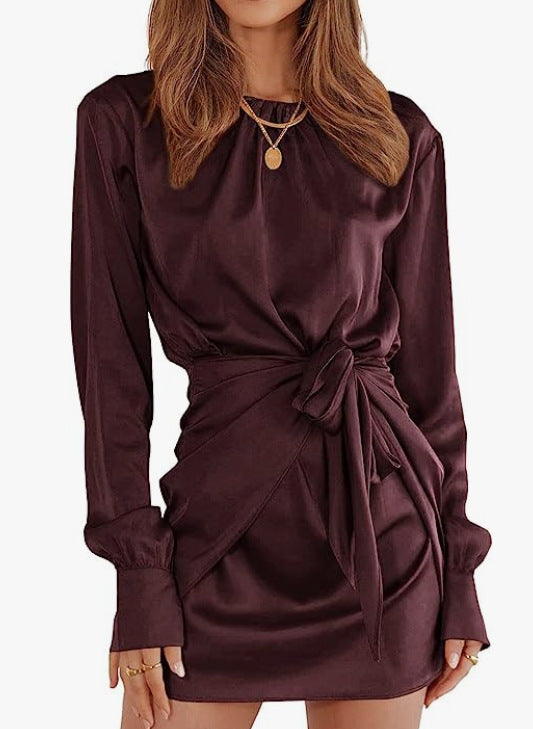Satin Long Sleeve Round Neck Tied Elegant Cocktail Party Dress