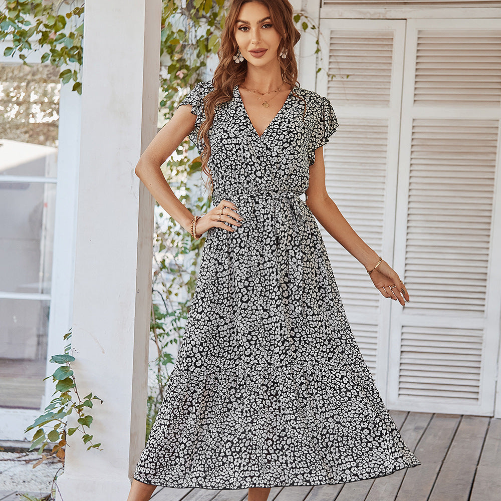 Dresses Ruffle Cap Sleeve V Neck Belt Wrap Split Boho Floral Long Casual Party Beach Dress